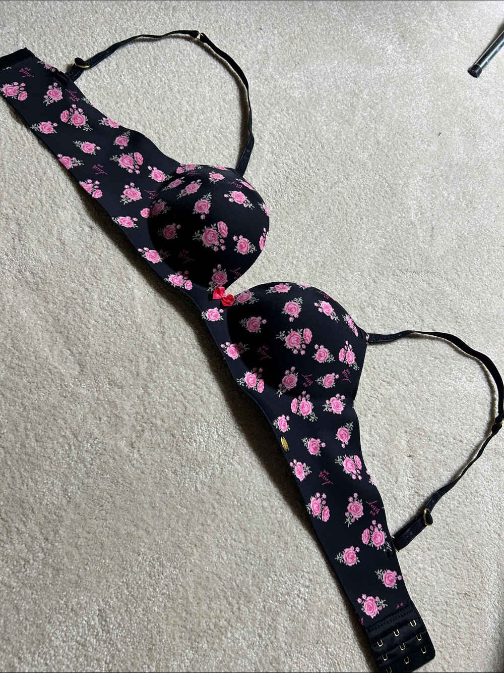 Betsey Johnson Black Bra with Pink Rose Print
